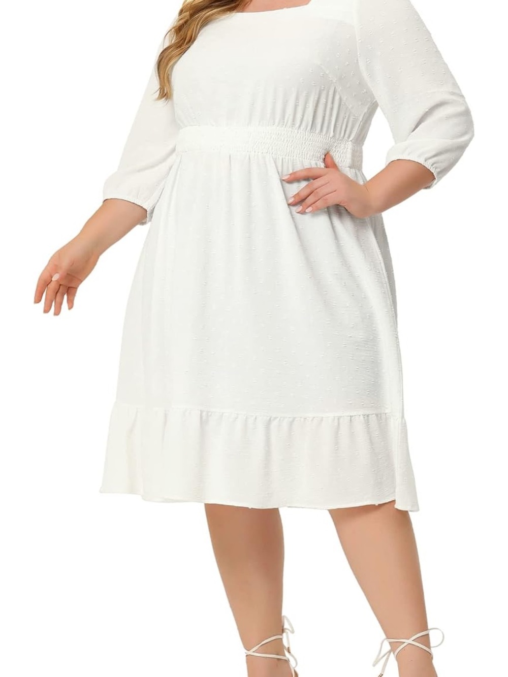 Agnes Orinda Plus Size White Midi Dress with Smocked Waist